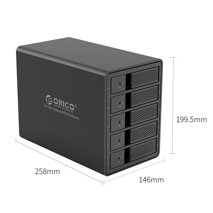 ORICO 9558U3 5-bay USB 3.0 Type-B Aluminio 3.5 pulgadas SSD / SATA HDD Caja de almacenamiento de Disco Duro Para computadora Portátil PC de escritorio (Negro)