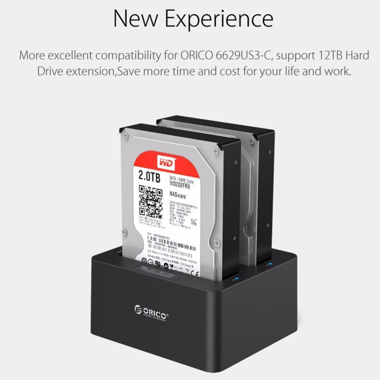 ORICO 6629US3-C 2-bay USB 3.0 Type-B 2.5 pulgadas / 3.5 pulgadas SATA HDD / SSD Caja de almacenamiento externo Caja de Disco Duro (Negro)