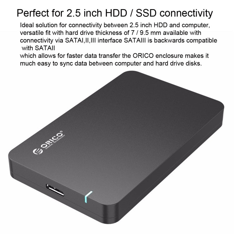 ORICO 2569S3 USB3.0 Micro-B Caja de almacenamiento de caja de Disco Duro externo Para 9.5 mm 2.5 pulgadas SATA HDD / SSD (Negro)