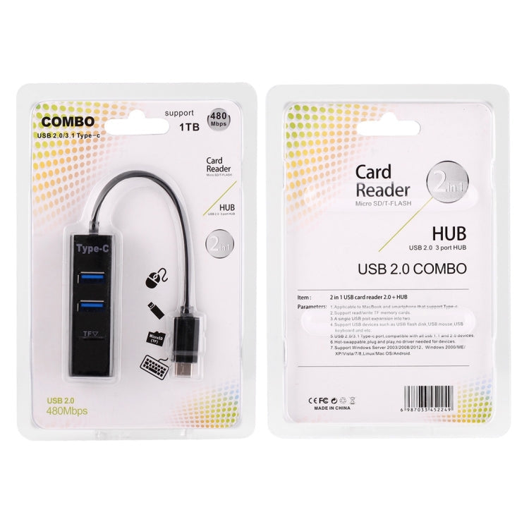 2 en 1 USB 3.1 USB-C / Type-C a USB 2.0 COMBO 3 Puertos HUB + Lector de Tarjetas TF (Negro)