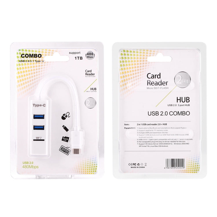 2 en 1 USB-C / Type-C 3.1 vers USB 2.0 COMBO HUB 3 ports + lecteur de carte TF (Blanc)