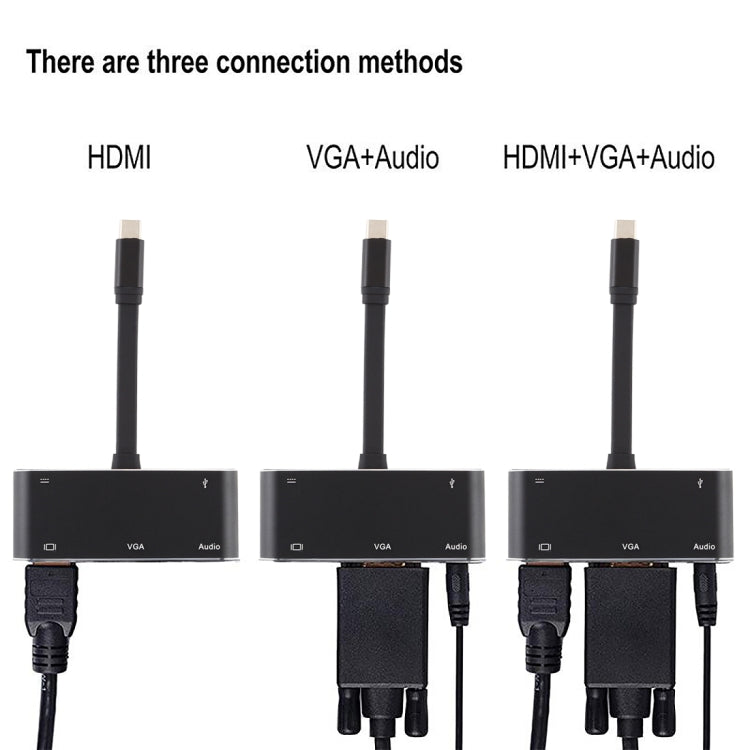 V126 UCB-C / Type-C Macho a PD + HDMI + VGA + Audio + USB 3.0 Hembra 5 en 1 Convertidor