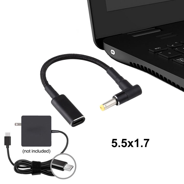 Codo de 5.5x1.7 mm a Adaptador USB-C Tipo-C Cable trenzado de nailon