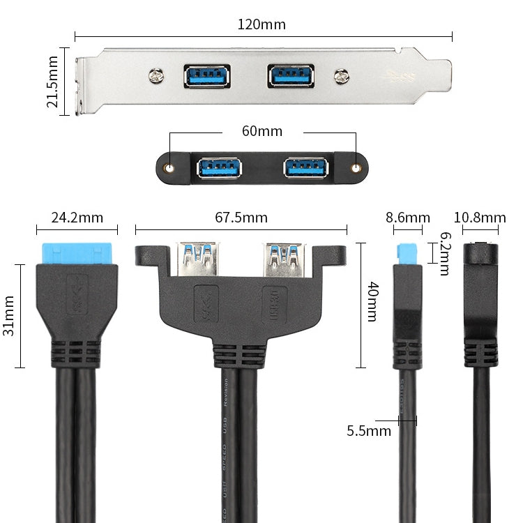 USB3.0 20p F/2AF PCI Rear Baffle Cable (Black)