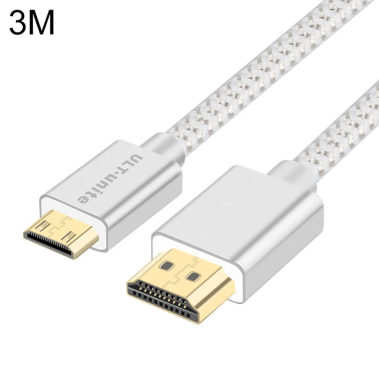 Uld-Unite Head-chapado en Oro HDMI 2.0 Macho a Mini HDMI Cable trenzado de Nylon longitud del Cable: 3M (Plata)