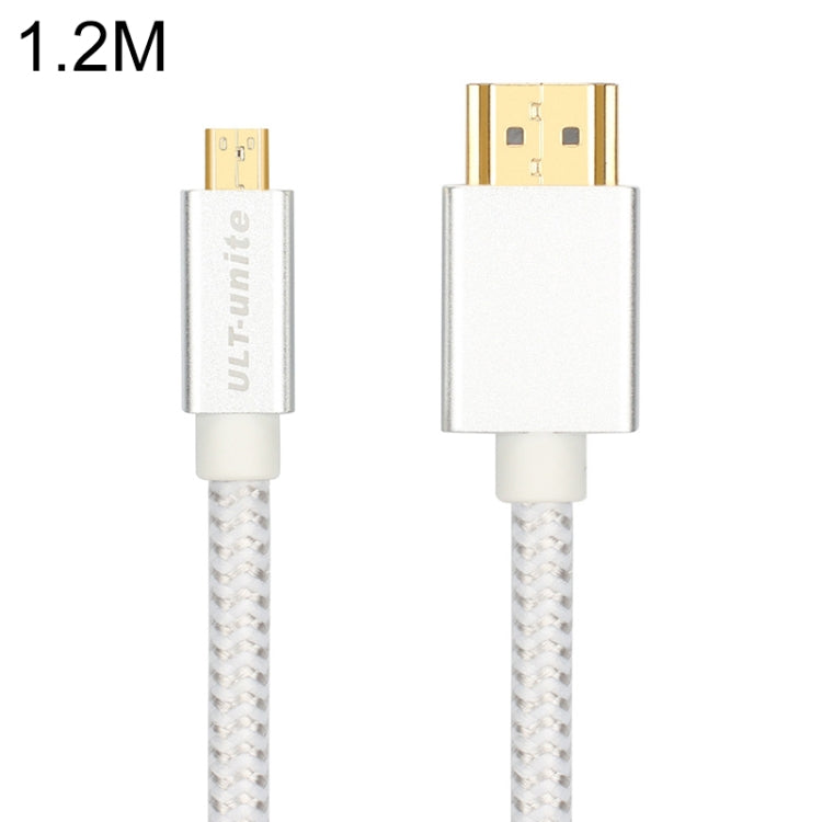 Uld-Unite Head-chapado en Oro HDMI Macho a Micro HDMI Cable trenzado de Nylon longitud del Cable: 1.2m (Plata)