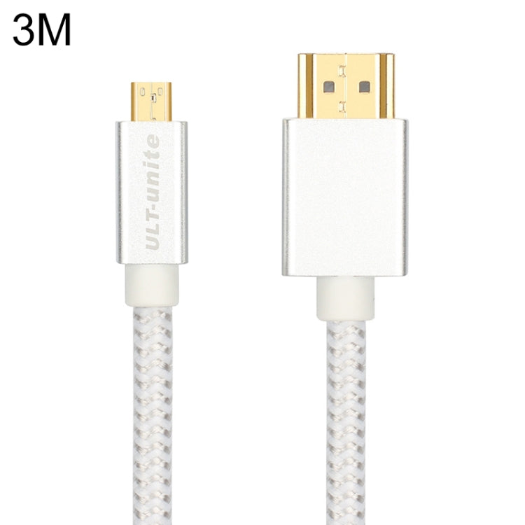 Uld-Unite Head-Gold Plated HDMI Male to Micro HDMI Cable Nylon Braided Cable Length: 3M (Silver)