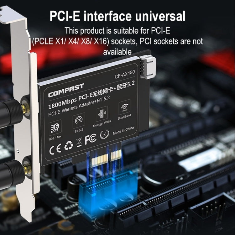 COMFAST CF-AX180 Pro 1800MBPS PCI-E Bluetooth 5.2 Kit Double Fréquence WIFI 6 Carte Réseau Sans Fil