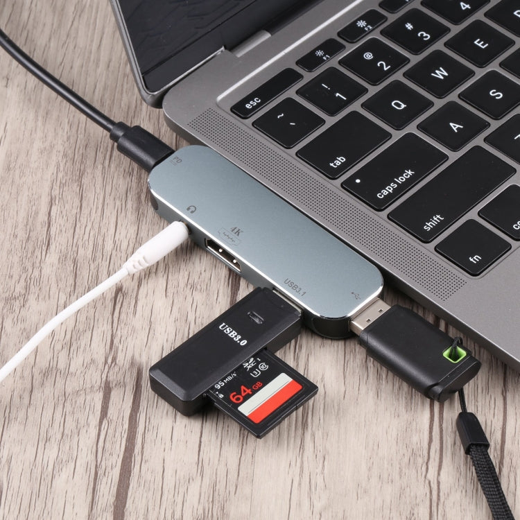 5 en 1 USB-C / TYPE-C Macho a PD USB-C / Tipo-C Carga + 3.5 mm AUX + 4K HDMI + USB 3.1 + Adaptador femenino USB