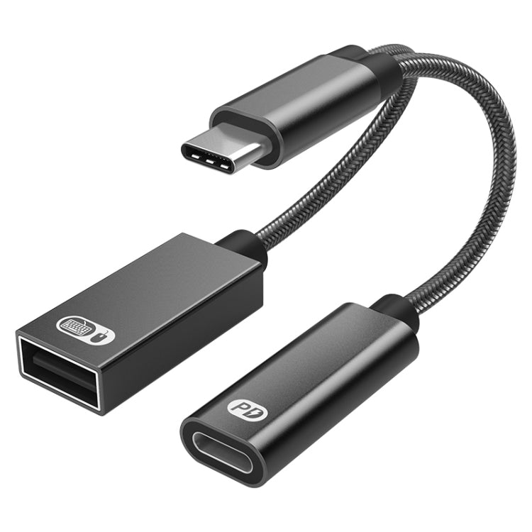 TA2Q USB-C / TYPE-C Male to PD 60W USB-C / Type-C Charging + USB 2.0 Female OTG Adapter (Black)
