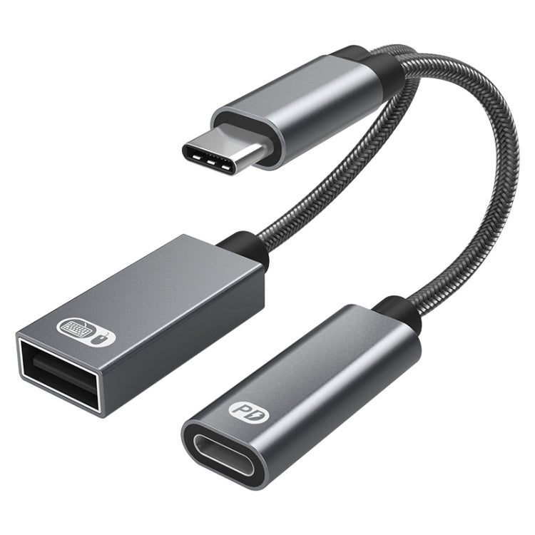 TA2Q USB-C / TYPE-C Male to PD 60W USB-C / Type-C Charging + USB 2.0 Female OTG Adapter (Grey)
