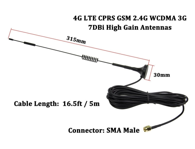 7dBi SMA Conector Macho de alta ganancia 4G LTE CPRS GSM 2.4G WCDMA 3G Adaptador de recepción de red de Antena