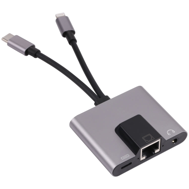 NK-1056Pro 3 en 1 8 Pin + USB-C / Tipo C Macho a 8 PIN Carga + Ethernet + Adaptador Hembra de Auriculares de 3.5mm