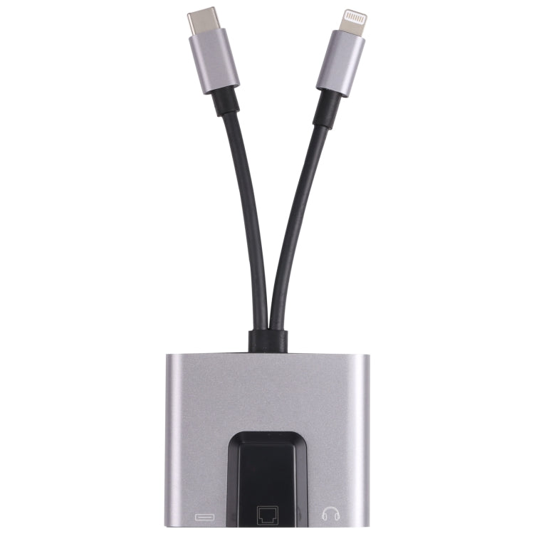 NK-1056Pro 3 en 1 8 Pin + USB-C / Tipo C Macho a 8 PIN Carga + Ethernet + Adaptador Hembra de Auriculares de 3.5mm