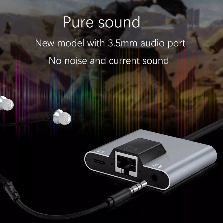 NK-1056Pro 3 in 1 8 Pin + USB-C / Type C Male to 8 PIN Charge + Ethernet + 3.5mm Headphone Female Adapter