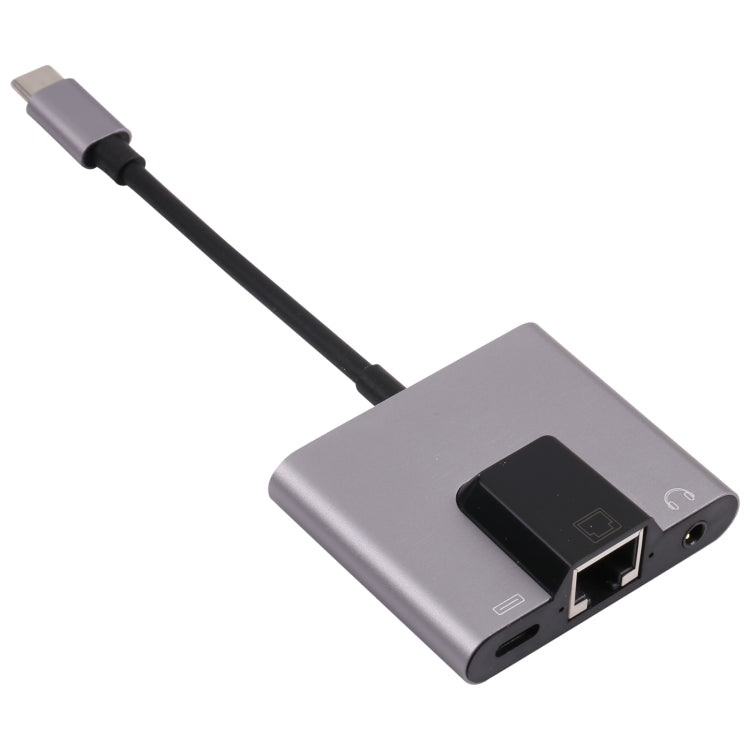 NK-1056TC 3 en 1 USB-C / TYPE-C Macho a USB-C / Tipo-C Carga + Ethernet + Adaptador Hembra de 3.5 mm Auriculares