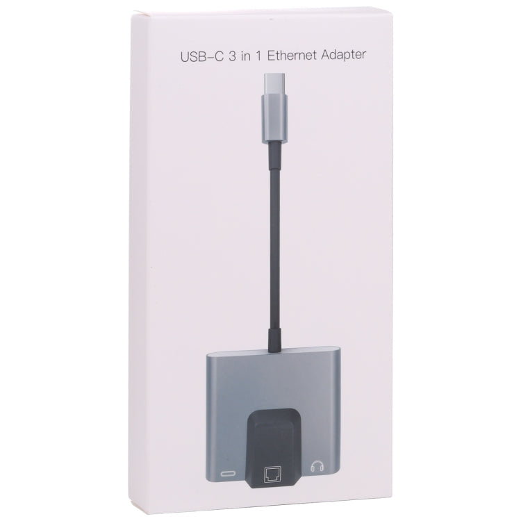 NK-1056TC 3 en 1 USB-C / TYPE-C Macho a USB-C / Tipo-C Carga + Ethernet + Adaptador Hembra de 3.5 mm Auriculares