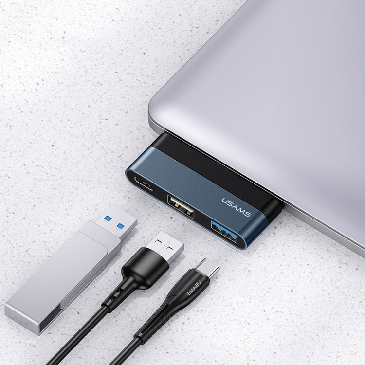 USAMS US-SJ490 USB-C / Type-C Mâle vers 2 x USB + PD FEMELLE HUB Mini CONVERTISSEUR (Gris foncé)