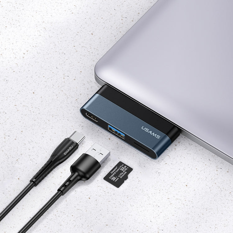 USAMS US-SJ491 USB-C / Type-C Mâle vers USB 3.0 + Carte TF + Mini Convertisseur PWORTS HUB (Gris Foncé)