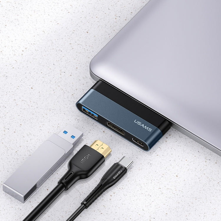 USAMS US-SJ492 USB-C / TYPE-C Male to USB 3.0 + HDMI + PWORTS HUB Mini Converter (Dark Grey)