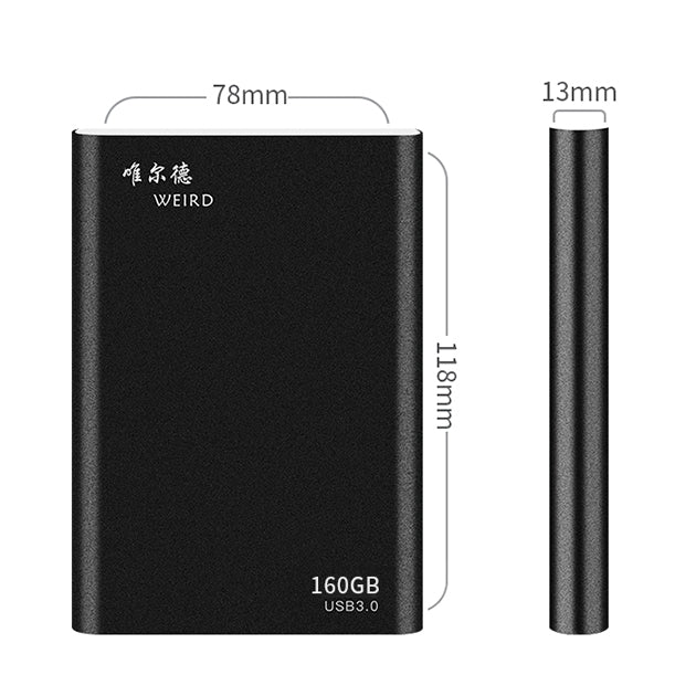 WEIRD 160GB 2.5 pulgadas USB 3.0 Transmisión de alta velocidad Carcasa de Metal Unidad de Disco Duro Móvil ultrafina y ligera (Negro)