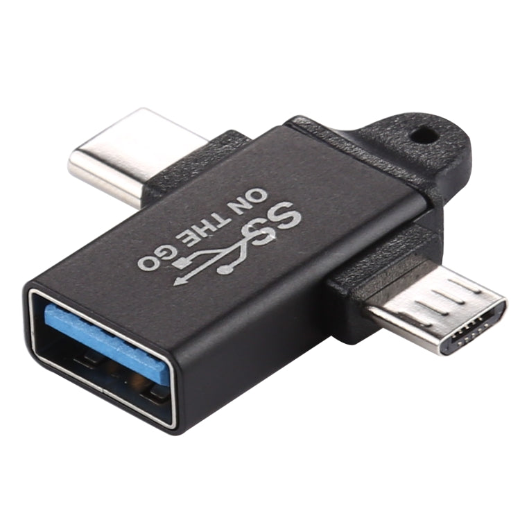 Adaptateur USB 3.0 femelle vers type-c / USB-C mâle + micro mâle en alliage d'aluminium (noir)