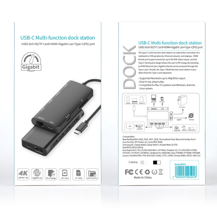 9591C 8 in 1 USB 3.0 X3 + SD / TF Card + HDMI + RJ45 + Type-C / USB-C (PD) Multifunction HUB CONVERTER MOCKUP (Black)