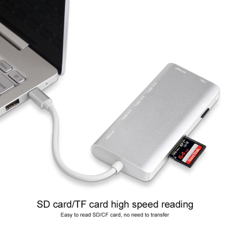 9591C 9 in 1 USB 3.0 X3 + SD/TF Card + HDMI + RJ45 + Type-C / USB-C (PD) Multifunction HUB Converter Docking Station (Silver)