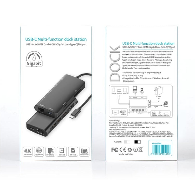 9591C 9 in 1 USB 3.0 X3 + SD/TF Card + HDMI + RJ45 + Type-C / USB-C (PD) Multifunction HUB Converter Docking Station (Silver)