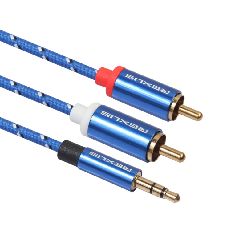 REXLIS 3610 Cable de Audio trenzado de algodón Azul Macho a Conector chapado en Oro RCA Dual de 3.5 mm Para interfaz de entrada RCA Altavoz activo longitud: 1 m