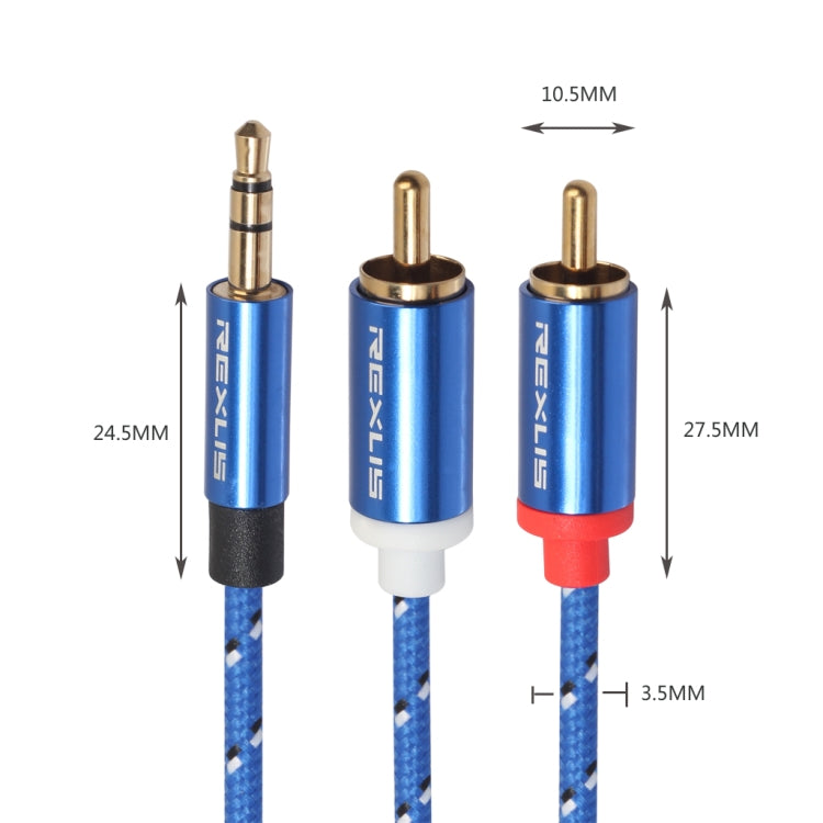 REXLIS 3610 Cable de Audio trenzado de algodón Azul Macho a Doble RCA de 3.5 mm Macho a Conector chapado en Oro Azul Para interfaz de entrada RCA Altavoz activo longitud: 3 m