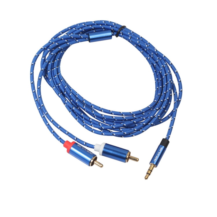 REXLIS 3610 Câble audio tressé en coton bleu mâle vers double RCA 3,5 mm mâle vers connecteur plaqué or bleu pour interface d'entrée RCA Haut-parleur actif Longueur : 3 m