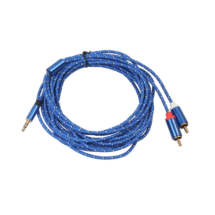 REXLIS 3610 Câble audio tressé en coton bleu mâle vers double fiche RCA plaquée or 3,5 mm pour interface d'entrée RCA Haut-parleur actif Longueur : 5 m