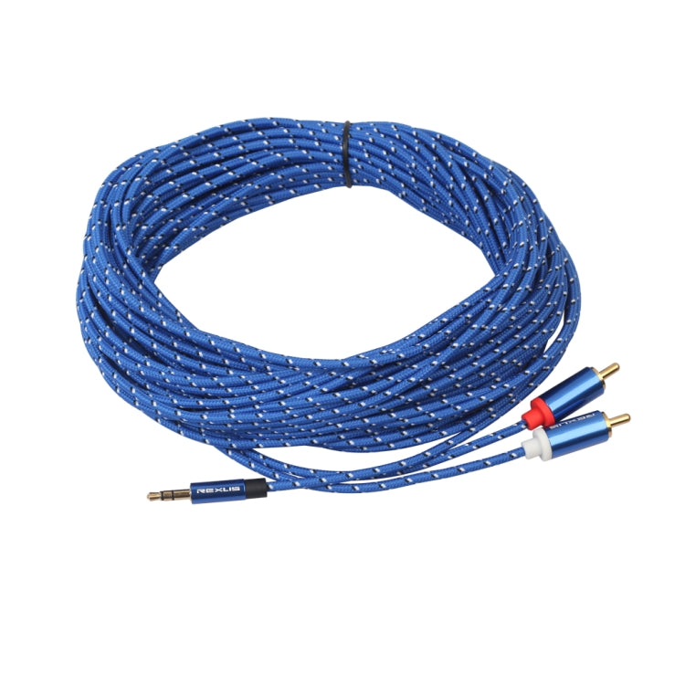 REXLIS 3610 Blue Cotton Braided Audio Cable Male to Dual RCA 3.5mm Male to Blue Gold-plated Connector For RCA Input Interface Active Speaker Length: 10m