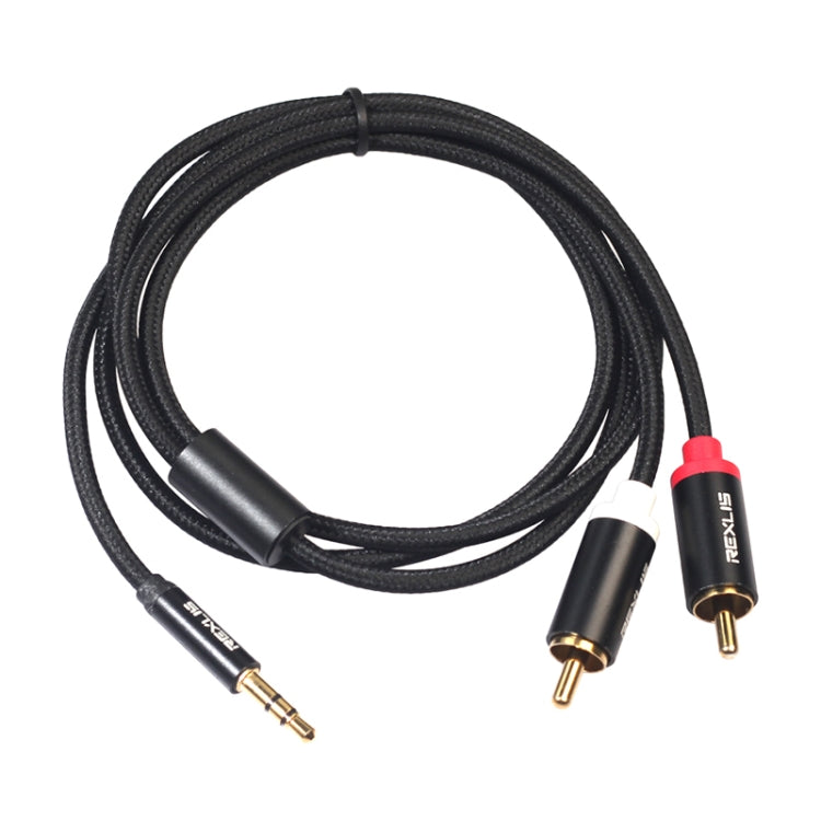 REXLIS 3635 Cable de Audio trenzado de algodón Negro Macho a Conector chapado en Oro RCA Dual de 3.5 mm Para interfaz de entrada RCA Altavoz activo longitud: 1 m