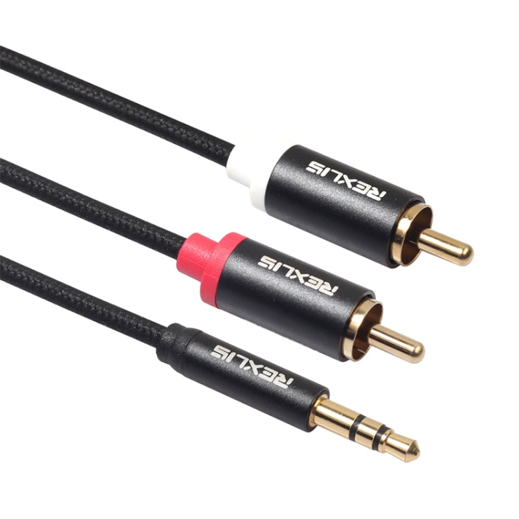 REXLIS 3635 Cable de Audio trenzado de algodón Negro Macho a Conector chapado en Oro RCA Dual de 3.5 mm Para interfaz de entrada RCA Altavoz activo longitud: 10 m