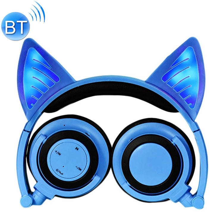 Foldable Wireless Gaming Headphones with Glowing Bluetooth V4.2 Cat Ear Headphones with LED Light and Mic for iPhone Galaxy Huawei Xiaomi LG HTC and other Smart Phones (Blue)