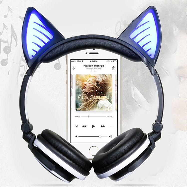 Auriculares Inalámbricos plegables para juegos con Auriculares con Oreja de gato Bluetooth V4.2 que brillan intensamente con luz LED y Micrófono Para iPhone Galaxy Huawei Xiaomi LG HTC y otros Teléfonos Inteligentes (Azul)