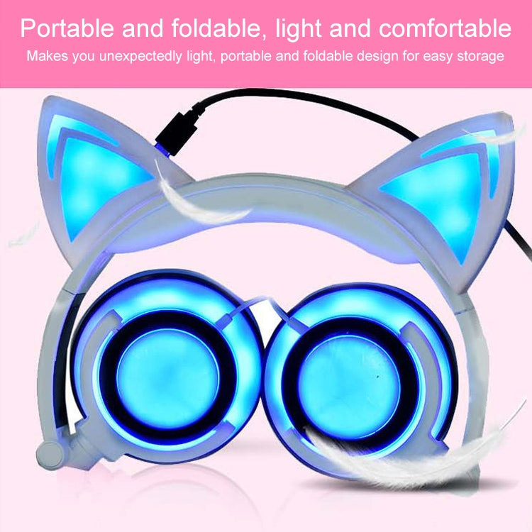 USB Charging Foldable Glowing Cat Ears Gaming Headphones with LED Light and AUX Cable for iPhone Galaxy Huawei Xiaomi LG HTC and Other Smart Phones (Pink)