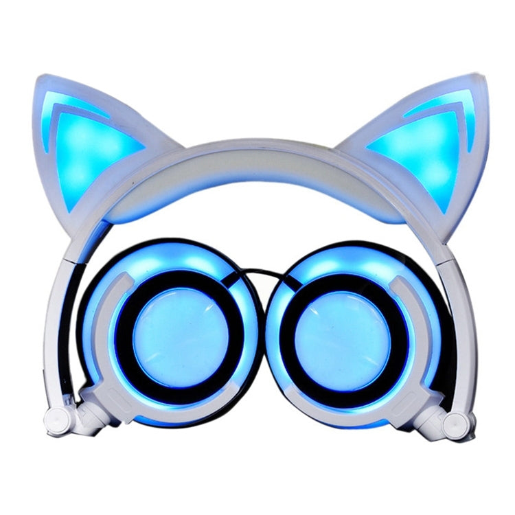 USB Charging Foldable Glowing Cat Ears Gaming Headphones with LED Light and AUX Cable for iPhone Galaxy Huawei Xiaomi LG HTC and Other Smart Phones (White)