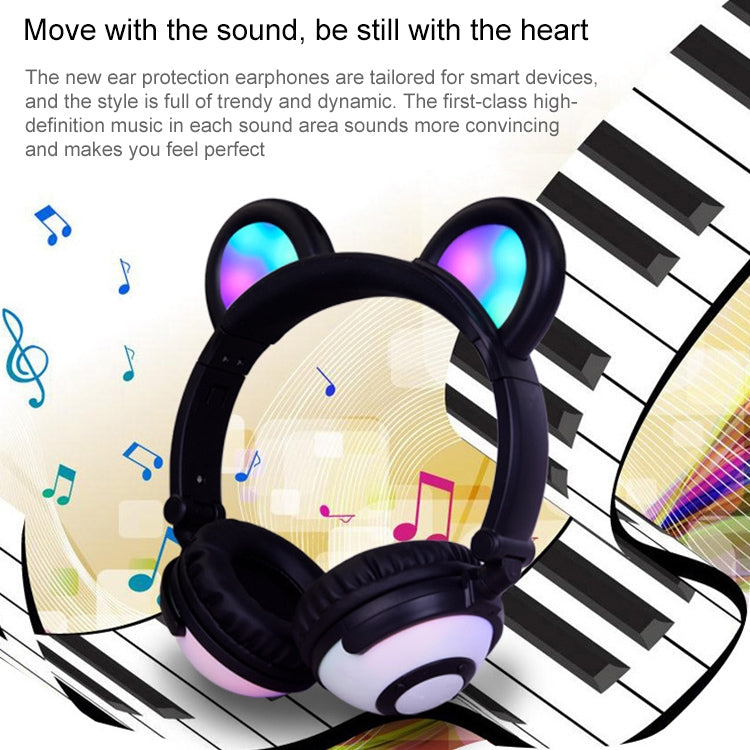 USB Charging Glowing Bear Ear Headphones Foldable Gaming Headphones with LED Light for iPhone Galaxy Huawei Xiaomi LG HTC and other Smartphones (Black)