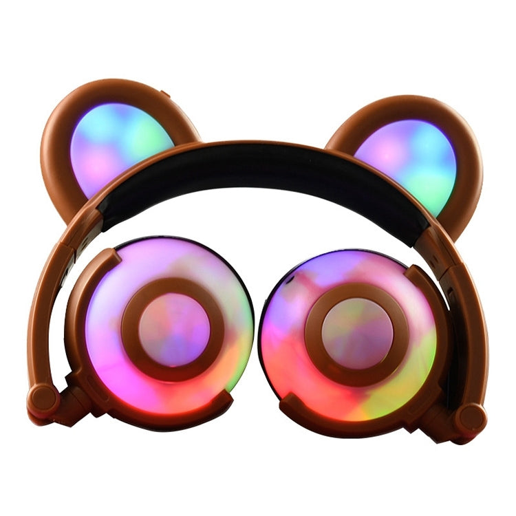 USB Charging Glowing Bear Ear Headphones Foldable Gaming Headphones with LED Light for iPhone Galaxy Huawei Xiaomi LG HTC and other Smartphones (Coffee)
