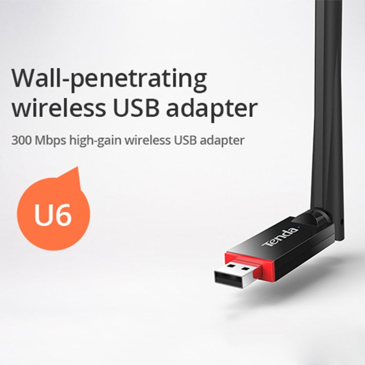 Tenda U6 Adaptateur WiFi USB sans fil portable 300 Mbps Récepteur externe Carte réseau avec antenne externe 6 dBi (Noir)