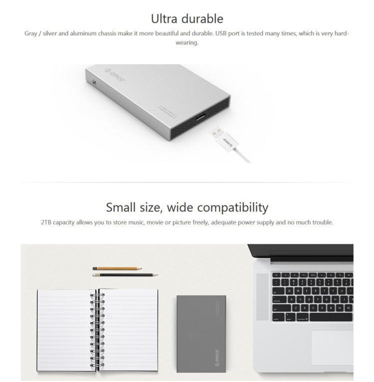 ORICO 2518S3 USB3.0 External Hard Drive Enclosure Storage Box For 2.5 inch 7mm and 9.5mm SATA HDD/SSD (Grey)