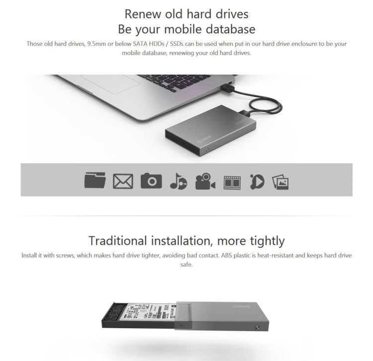 ORICO 2518S3 USB3.0 External Hard Drive Enclosure Storage Box for 2.5 inch 7mm and 9.5mm SATA HDD/SSD (Silver)
