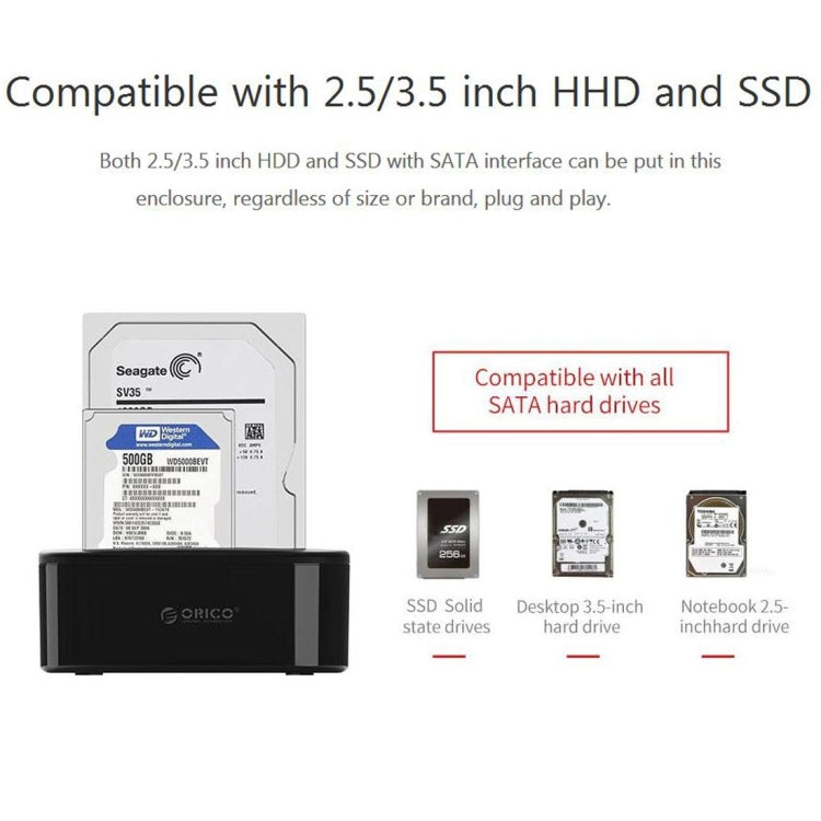 ORICO 6228US3-C 1 à 1 Clone 2 Bay USB 3.0 Type-B vers SATA Station d'accueil pour disque dur de stockage externe pour 2,5 pouces / 3,5 pouces SATA HDD / SSD
