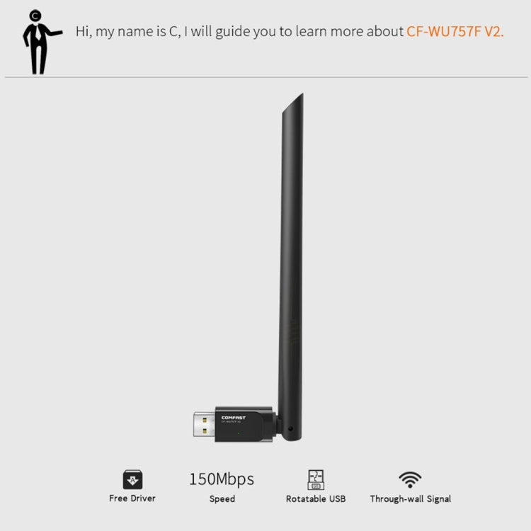 COMFAST CF-WU757F 150 Mbps Wireless USB 2.0 Free Driver Adaptador WiFi Tarjeta de red externa con Antena externa de 6dBi