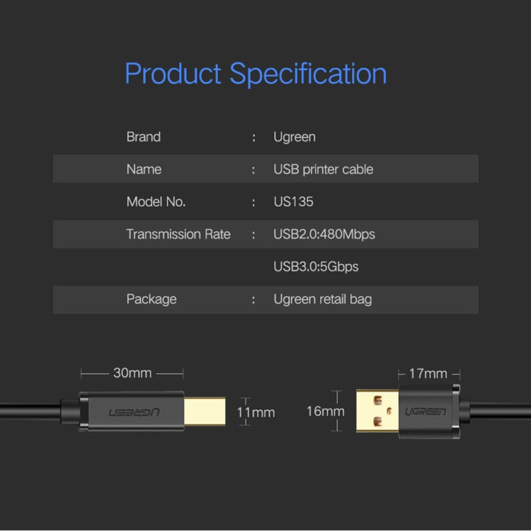 UVerde USB 3.0 tipo A Macho a tipo B Macho Cable de datos de impresora bañado en Oro Para Canon Epson HP longitud del Cable: 1 m