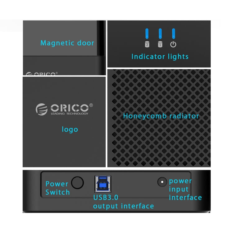 ORICO DS200U3 Boîtier de disque dur USB 3.0 de type magnétique à 2 baies de 3,5 pouces avec indicateur LED bleu (noir)