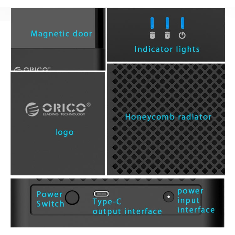 ORICO DS200C3 Caja de Disco Duro USB-C / Type-C de tipo Magnético de 3.5 pulgadas y 2 bahías con indicador LED Azul (Negro)